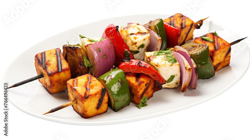 A white plate filled with a variety of skewers of delicious food