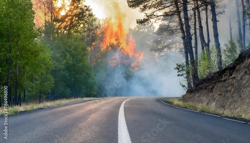 Close-up of a deserted street. In the background a forest is on fire.