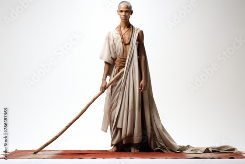 Portrait of a young Buddhist monk standing on a red carpet