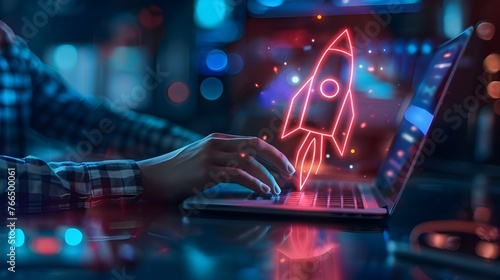 Startup business concept, Businessman use laptop with virtual screen of rocket icon and up arrow for fast start up business. Strategic planning and business success Ai Generated