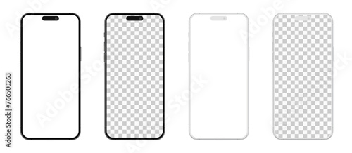 Smartphone mockup with blank white and transparent screen, detailed mobile phone mockup, model 3D mobile phone, ui ux, black and white models smartphone front view