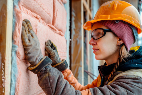 A worker carries out work on insulating a house