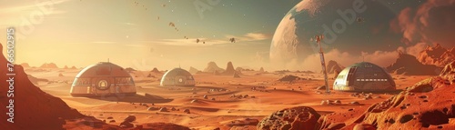 An artist s rendition of a Martian colony, complete with domed habitats and terraforming machines, in 3D illustration style 