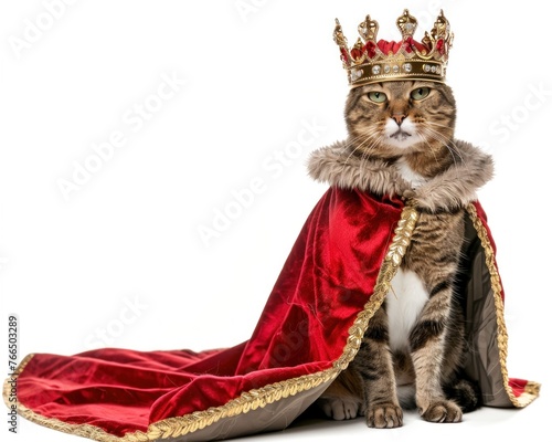 A majestic cat wearing a royal crown and cape