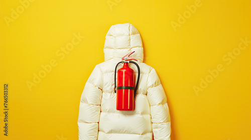 A white puffer jacket shaped like a fire extinguisher, in the style of product photography, on a yellow background, at high resolution