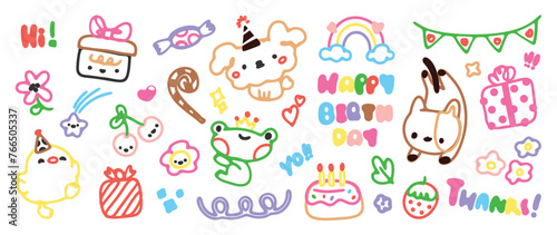 Cute hand drawn Happy birthday doodle vector set. Colorful collection of dog, frog, chick, cake, lollipop, gift, decorative flag. Adorable creative design element for decoration, prints, ads.