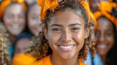 A radiant young girl in orange smiles, surrounded by her cheerleading team, evoking team spirit and joy.