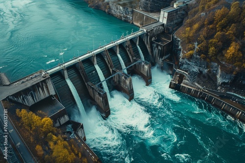 Aerial view of a large hydro electric facility.