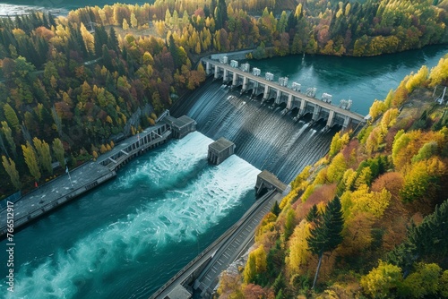 Aerial view of a large hydro electric facility.