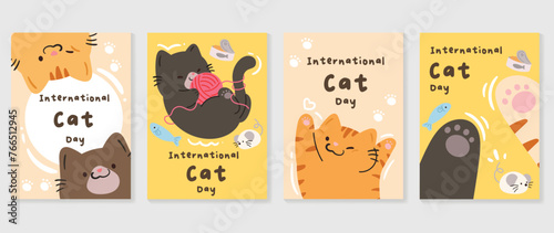 Happy international cat day cover set. Cute cats and funny kitten, paw foot design collection with flat color in different poses. Adorable pet animals illustration for international cat day. 