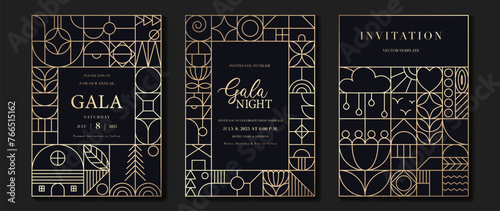 Luxury invitation card background vector. Elegant classic antique design, gold lines gradient on dark blue background. Premium design illustration for gala card, grand opening, art deco.