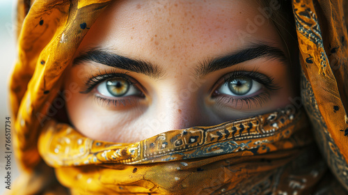 Close-up portrait of a beautiful muslim woman in black burqa. Oriental beauty, fashion. Make-up and cosmetics.