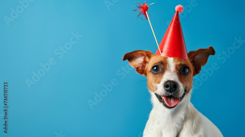 Cute dog celebrating with red pary hat