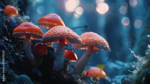 A group of red mushrooms are growing on a forest floor. The mushrooms are clustered together and appear to be in a natural setting. The image has a peaceful and serene mood