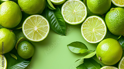 A burst of citrus vitality with fresh limes and vibrant leaves on bright background form a natural frame.