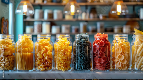 Glass jars filled with various types of pasta on a shelf