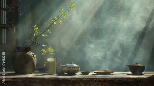 Tranquil and meditative aura emanating from a serene and contemplative still life composition.