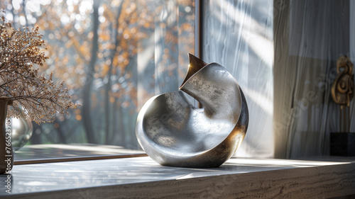 A metallic abstract sculpture on a windowsill