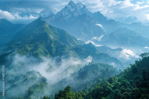 Winter mountain landscape, snow covered blue mountains, snowcapped peaks and summits