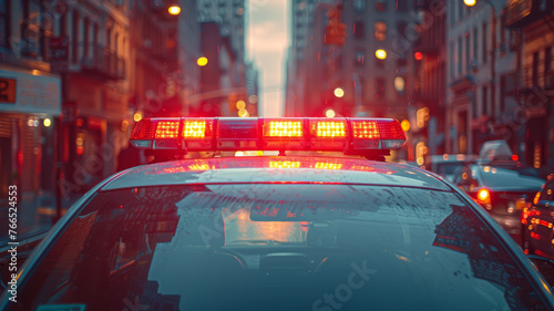 Police car with lights on at dusk