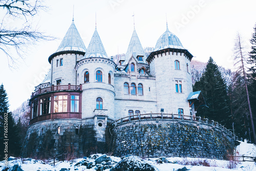 Winter view of Savoy Castle situated in Gressoney-Saint-Jean, Italy. It was a summer residence of the queen Margherita of Savoy. Tourist attraction in the Aosta Valley, Italian Alps.