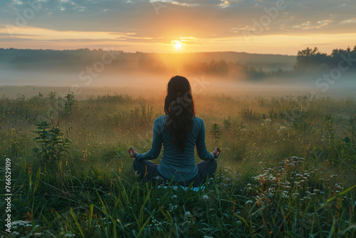 Woman meditating in grassy field at sunrise with mist. Mindfulness meditation and serene landscape. Wellness and peaceful retreat concept for design and print