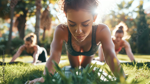 Photo of young girl in sportswear doing exercises. There is a lot of sunshine and greenery around