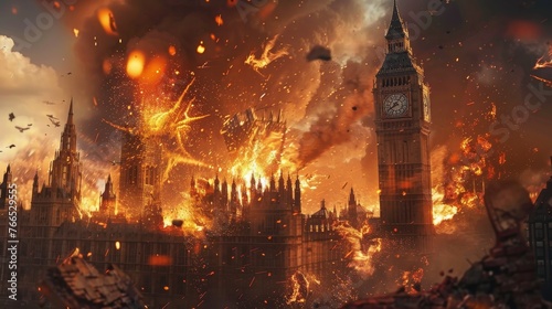 Fictional illustration of London under attack - Big Ben in fire, flames and smoke