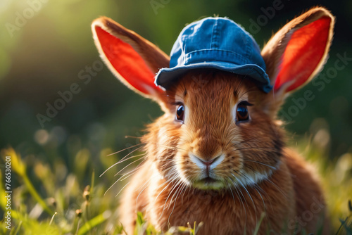 rabbit wearing a blue hat in the park