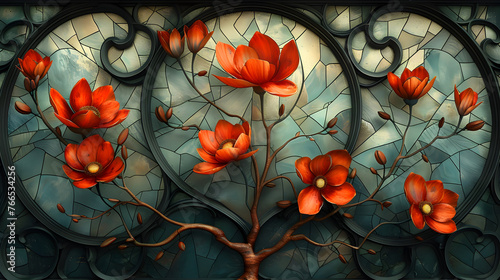 Captivating Art Nouveau Inspired Floral Stained Glass Mosaic Pattern with Vibrant Organic Designs and Elegant Curves
