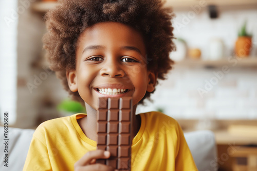 Cheerful little African American boy holding chocolate bar and looking at camera