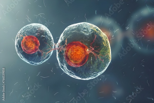 Cellular mitosis single cell divides into two identical daughter cells with nuclei and cytoplasm dividing equally. Concept Biology, Cell Division, Mitosis, Cellular Reproduction, Daughter Cells