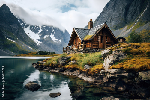 Vintage wooden house on a rocky seashore. Luxury vacation concept. Generated by artificial intelligence