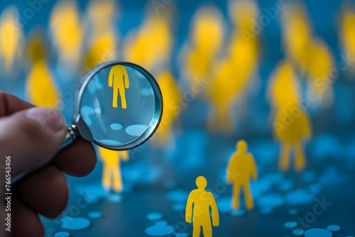 Focus group hand holding magnifying glass over yellow people symbol among white people icons attracting customers. Concept Market Research, Diversity, Customer Acquisition, Business Strategy