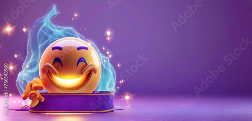 An emoji with a crystal ball and mystic aura, representing divination or mystery, on a purple background with