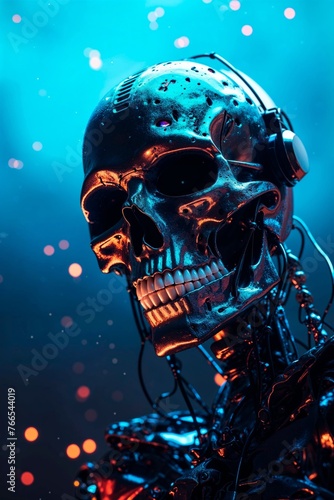 Esqueleto con dientes blancos, lleva auriculares puestos y se aprecia el reflejo de fuego con chispas en el aire, fondo azulado y oscuro