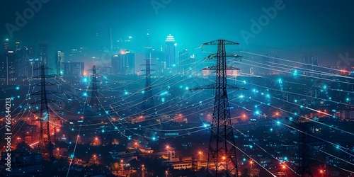 "Smart Grid Technology in Urban Areas: Powering Up with High-Powered Electricity Poles". Concept Smart Grid Technology, Urban Infrastructure, Electricity Poles, Energy Efficiency, Sustainable Cities
