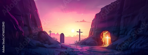 Easter, the empty tomb with stone walls and an open golden dome light shining through, silhouette of two crosses in background, copy space for text. Easter illustration, banner design.