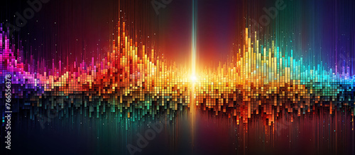 Music digital rhythms a vibrant visualization of sound waves across a pixelated spectrum of colorful neon lights on black background