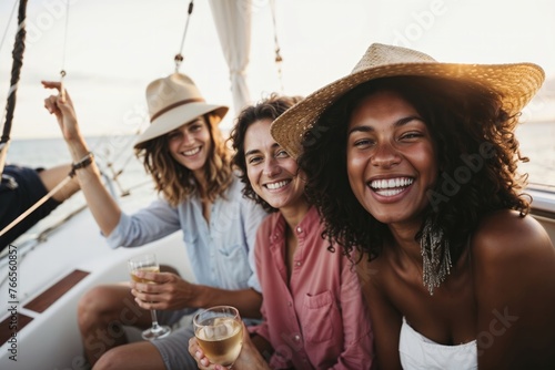 Joyful friends enjoying wine on sailboat at sunset