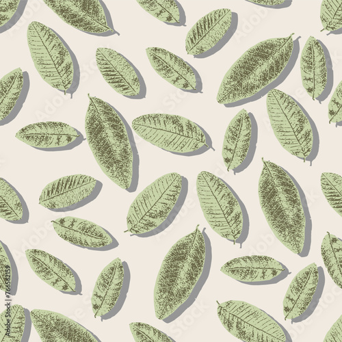 Abstract seamless pattern with guava shadow leaves.simple vintage green leaf with shadows on cream background pattern used for textiles etc..