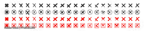 Red cross x vector icon set. No wrong symbol. Delete, vote sign. Tick symbol in red color