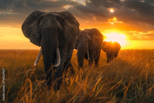 Herd of wild elephants walk through golden grassland at sunset. 