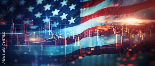 Abstract virtual financial technical graph hologram on USA flag and cityscape background, forex and investment concept. Global economy, stock exchange. Multiexposure.