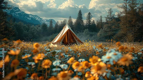 Camping, flowers and trees around the tent, spring, blue sky. Generative AI.