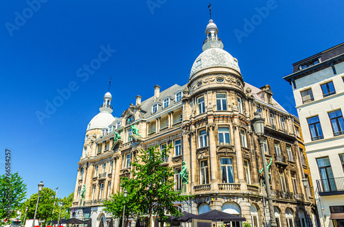 Hansa House Hansa Huis building with statues on facade on Suikerrui street in Antwerp city historical centre, Antwerpen old town, Flemish Region, Belgium