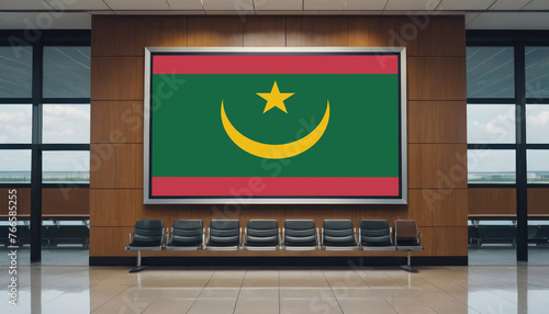 Mauritania flag in the airport waiting room. The concept of flying for work, study, leisure.