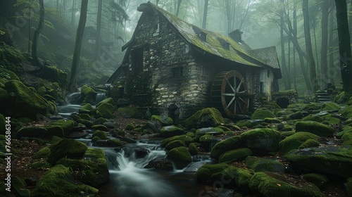 A stone mill with a water wheel surrounded by mossy rocks and greenery, ancient gnarled trees nestled in the heart of an ancient forest shrouded in mist. Generative AI.