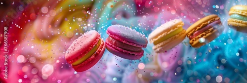 Floating macarons captured in mid-air with a magical sparkle backdrop. Festive flying macarons with a dynamic and enchanting bokeh effect.