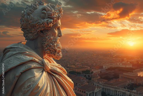 Majestic Quirinus, the deified Romulus, watches over the city of Rome from his celestial throne, guiding its destiny with divine providence. Generative Ai.
